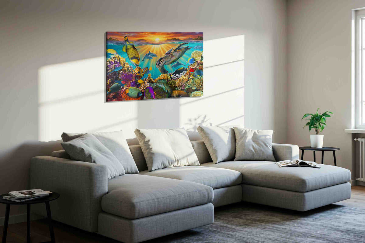 Sunlit Ocean Symphony sealife canvas print, displayed in a living room