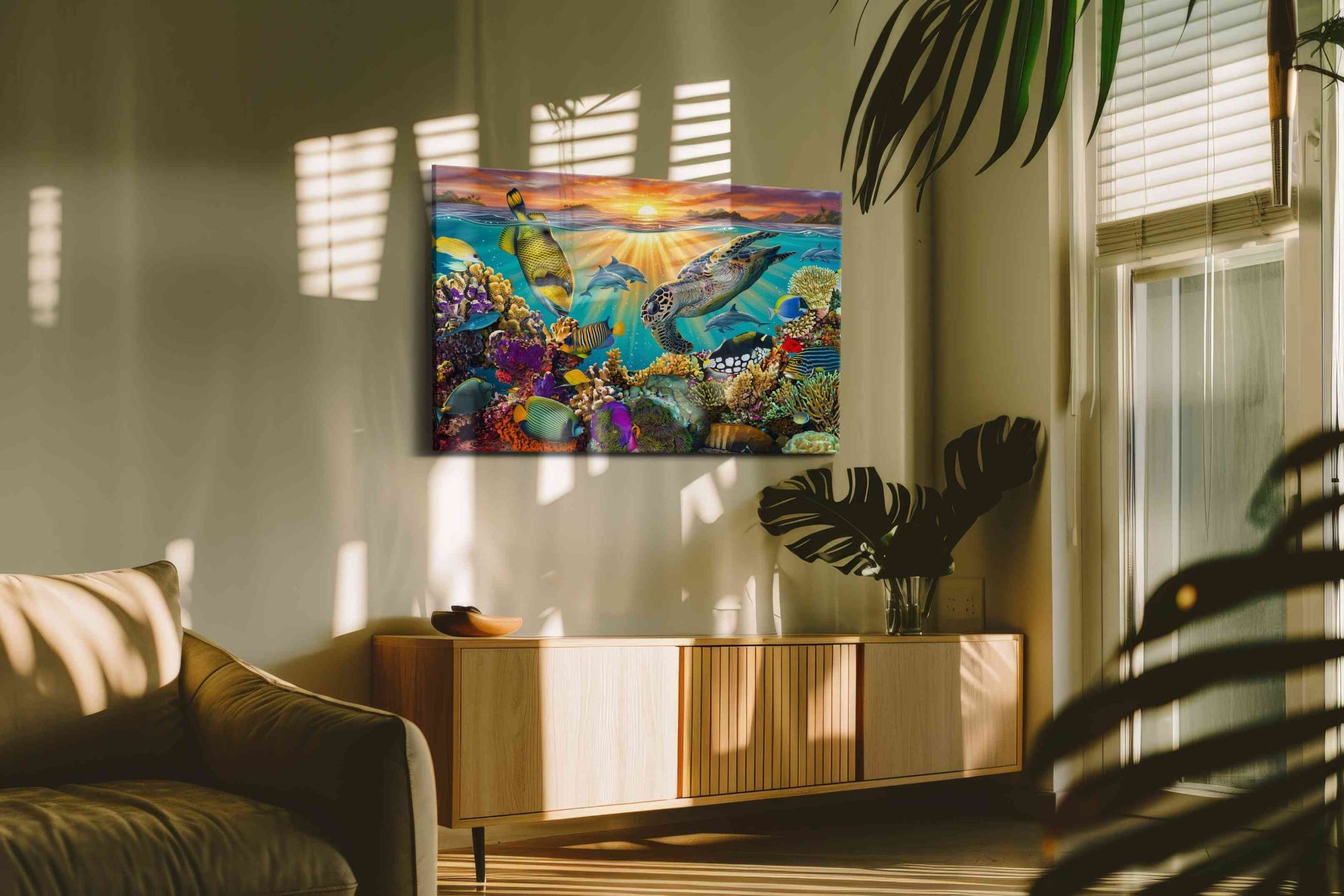Sunlit Ocean Symphony (Sealife) - Sea Life Wall Art, Marine Canvas Print, Ocean Animal Art in a contemporary interior mockup