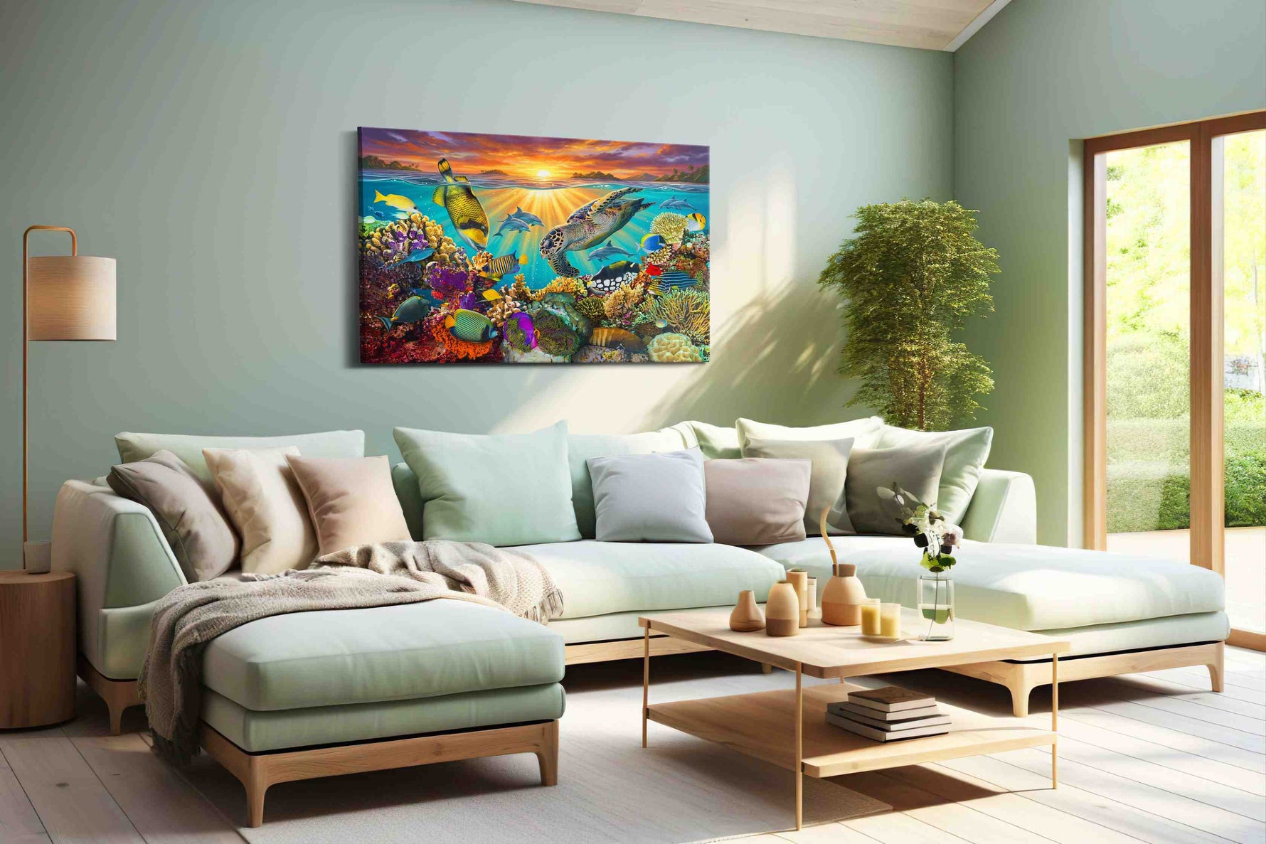Sunlit Ocean Symphony sealife canvas print, hanging on wall