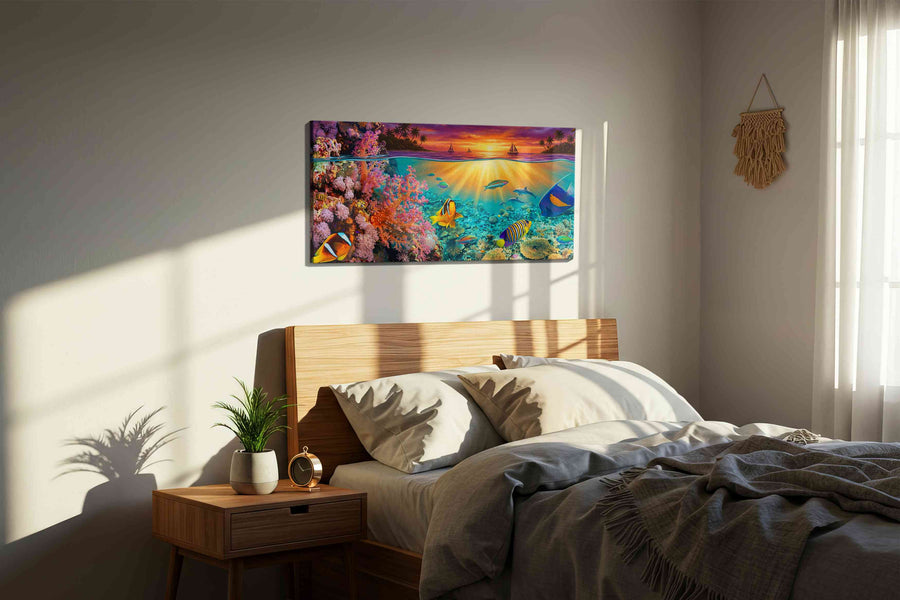 Tropical Twilight Reef sealife canvas print, displayed in a bedroom