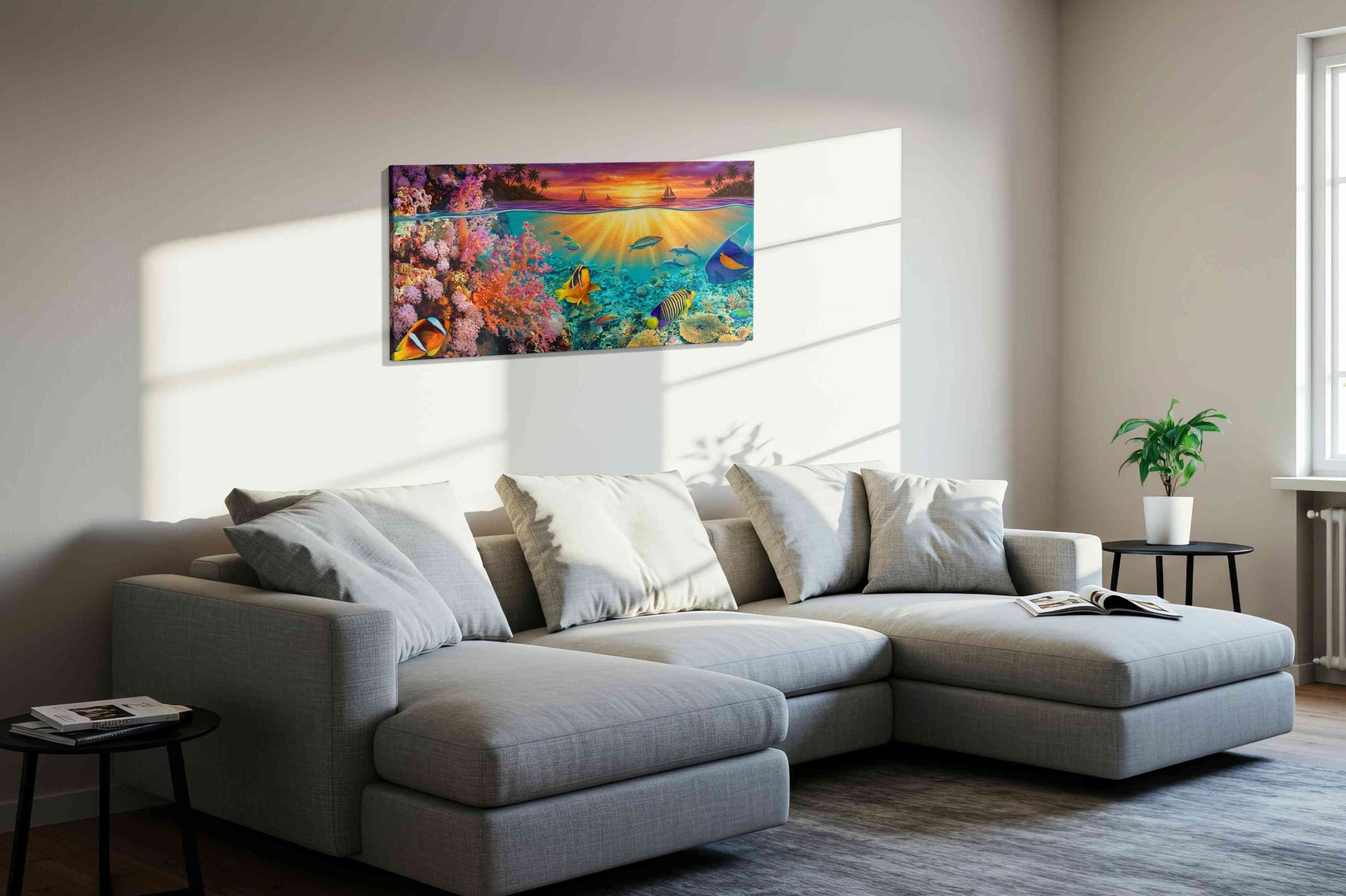 Tropical Twilight Reef (Sealife) - Sea Life Wall Art, Marine Canvas Print, Ocean Animal Art in a living room scene