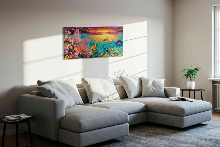 Tropical Twilight Reef (Sealife) - Sea Life Wall Art, Marine Canvas Print, Ocean Animal Art in a living room scene