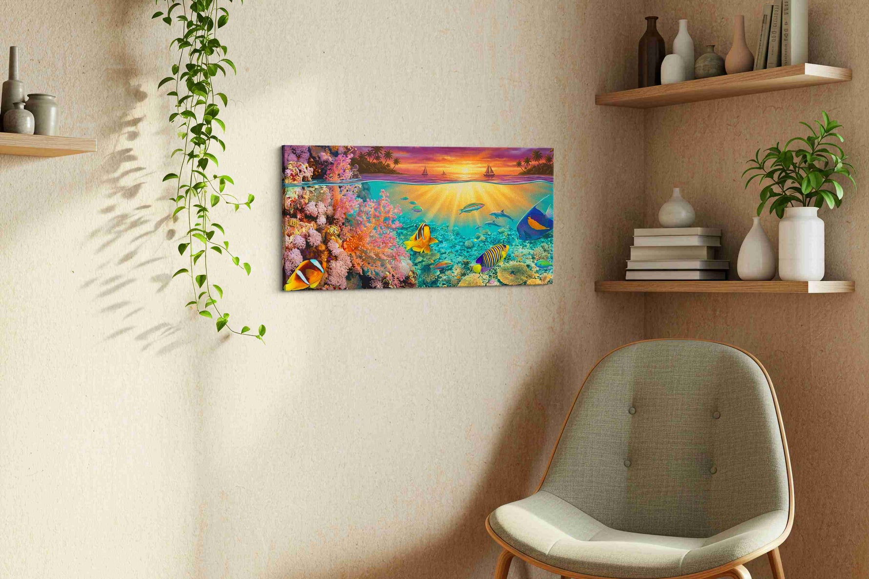 Tropical Twilight Reef sealife canvas print, displayed in a living room