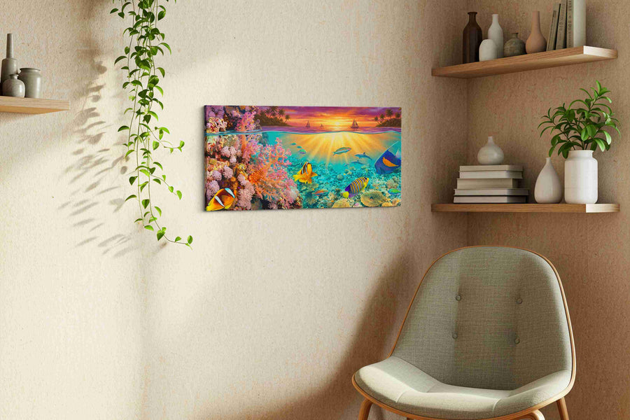Tropical Twilight Reef sealife canvas print, displayed in a living room