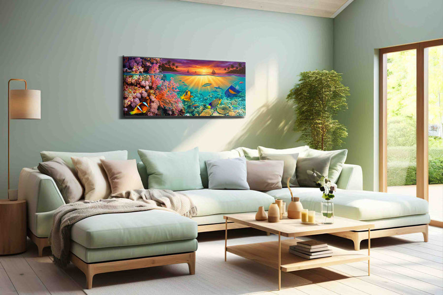 Tropical Twilight Reef sealife canvas print, hanging on wall