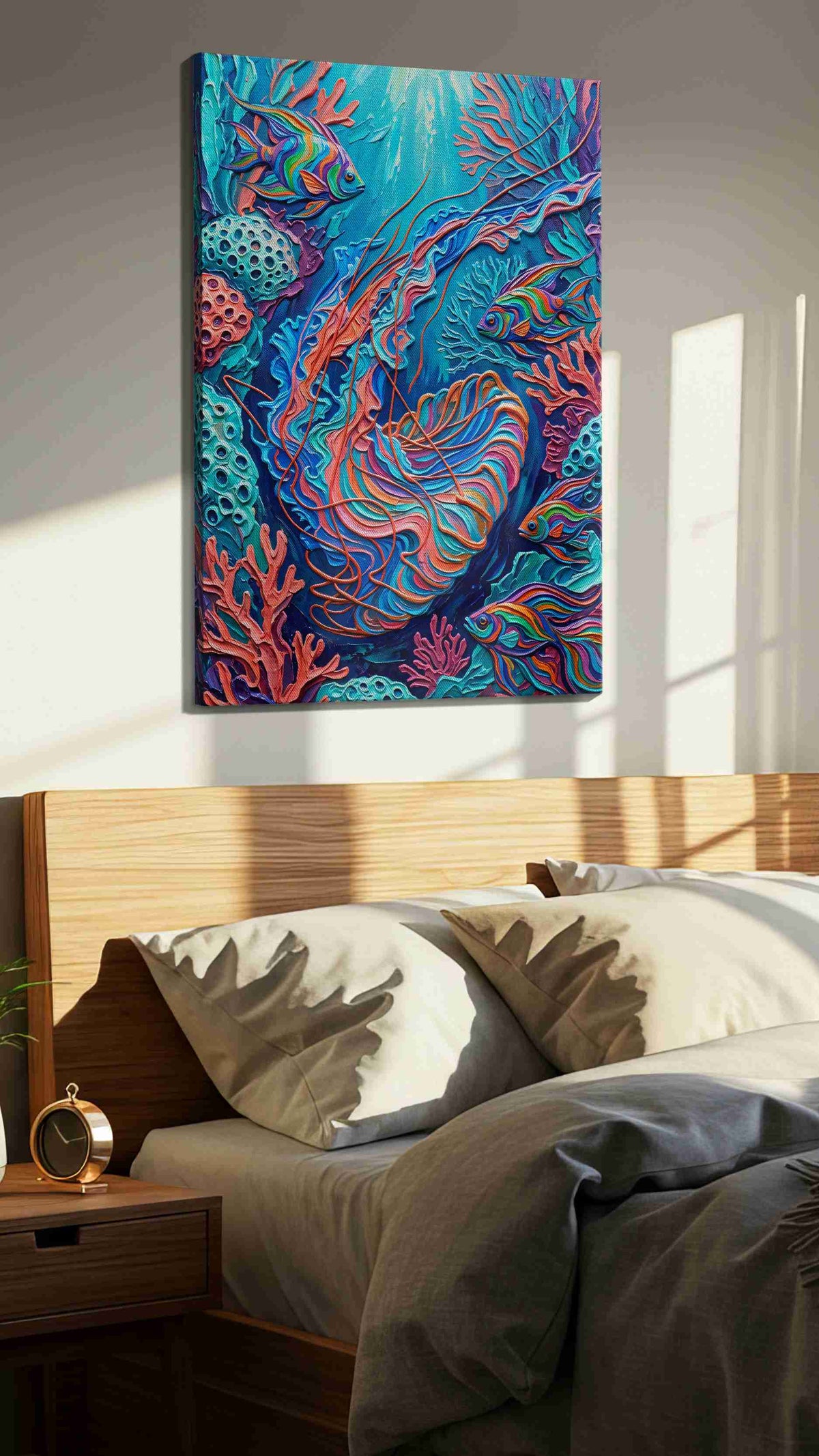 Underwater Symphony of Colors sealife canvas print, displayed in a bedroom