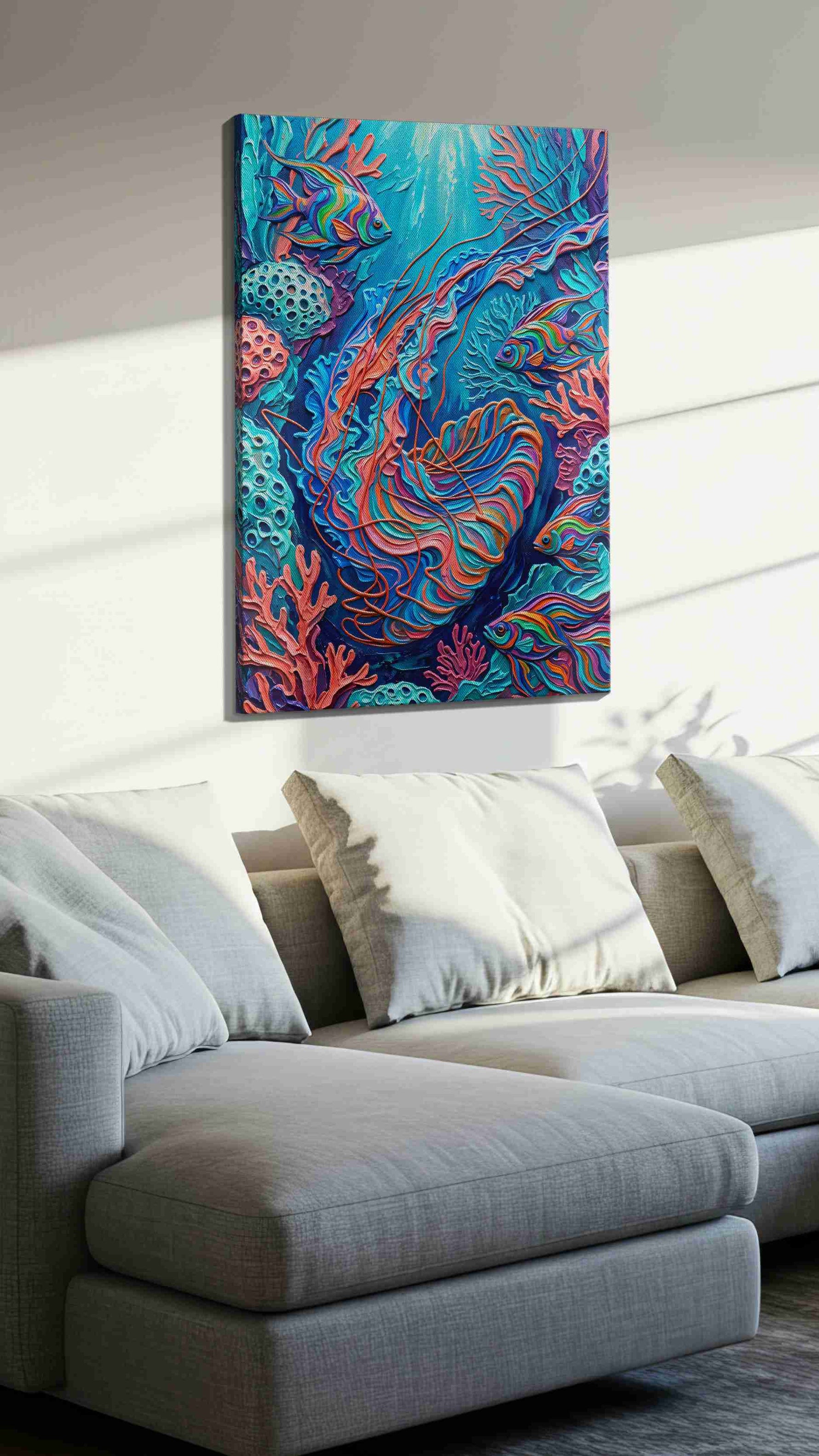 Underwater Symphony of Colors sealife canvas print, displayed in a living room