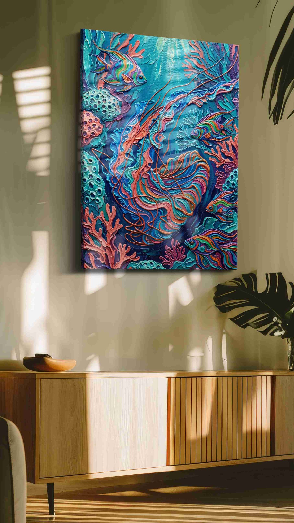 Underwater Symphony of Colors sealife canvas print in a hung canvas mockup