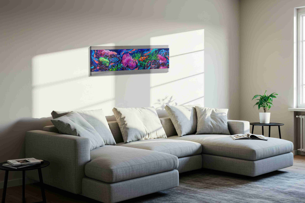 Vibrant Reef Ballet sealife canvas print, displayed in a living room