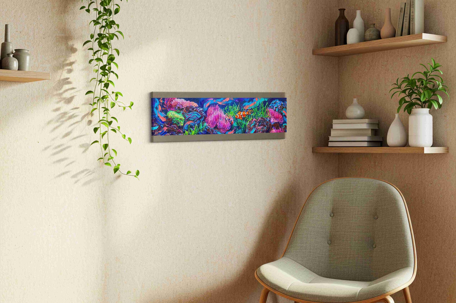 Vibrant Reef Ballet sealife canvas print in a living room scene