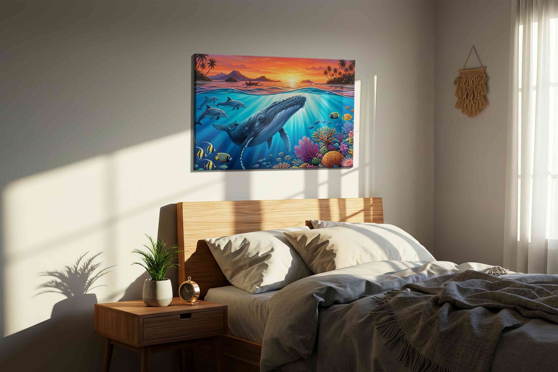 Whale Song at Sunset sealife canvas print, displayed in a bedroom