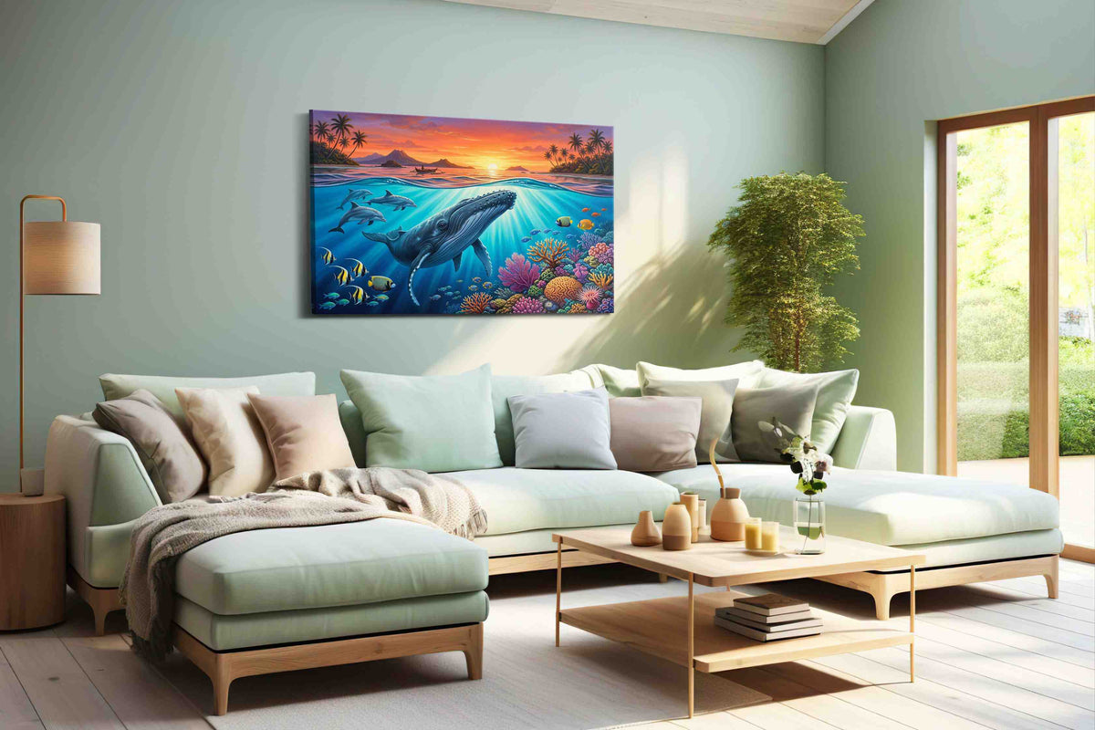 Whale Song at Sunset (Sealife) - Sea Life Wall Art, Marine Canvas Print, Ocean Animal Art in a hung canvas mockup