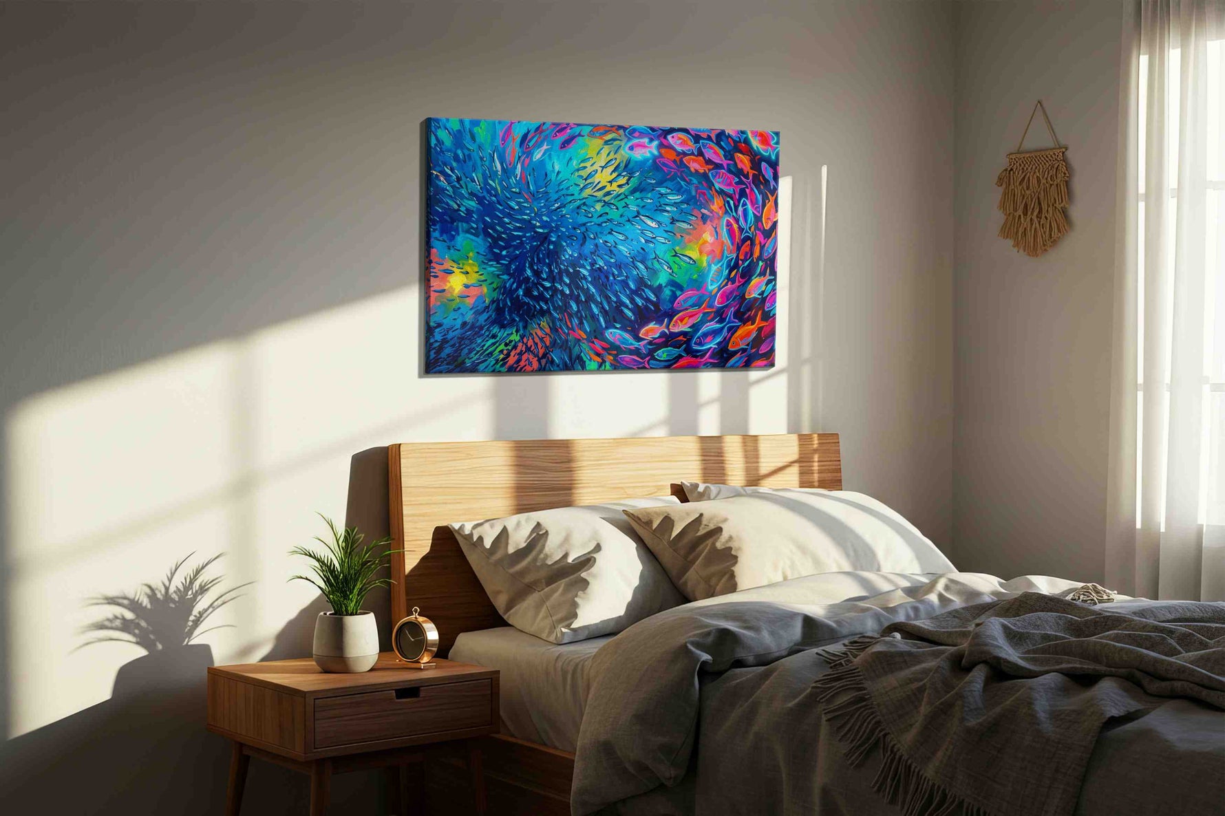 Whirl of Spectral Fish sealife canvas print, displayed in a bedroom