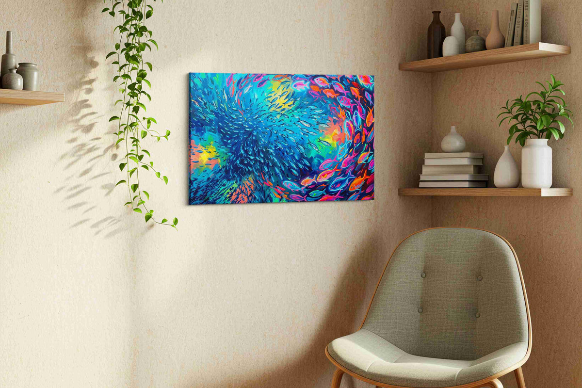 Whirl of Spectral Fish sealife canvas print, displayed in a living room