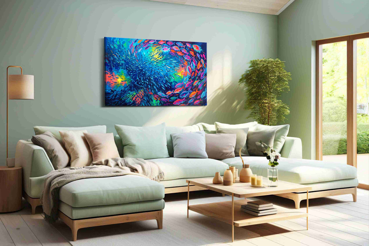Whirl of Spectral Fish (Sealife) - Sea Life Wall Art, Marine Canvas Print, Ocean Animal Art in a hung canvas mockup