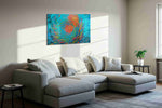 Whirlpool of Crimson Currents sealife canvas print, displayed in a living room