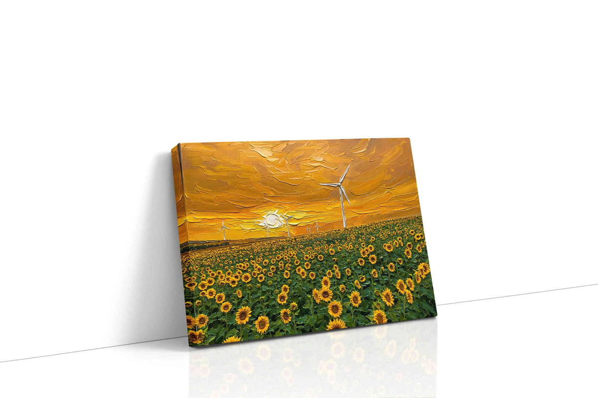 Sunlit Harmony Sunflowers and Windmills sunflowers canvas print gallery-wrapped landscape canvas studio shot