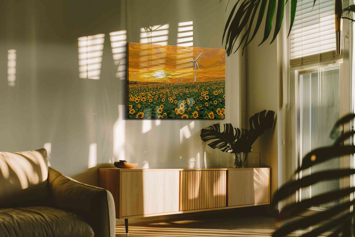 Sunlit Harmony Sunflowers and Windmills sunflowers canvas print styled in a living room