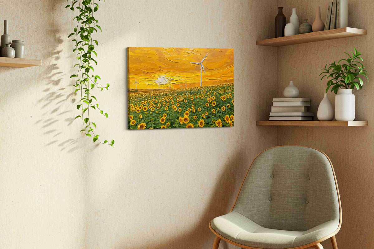 Sunlit Harmony Sunflowers and Windmills sunflowers canvas print, displayed in a living room