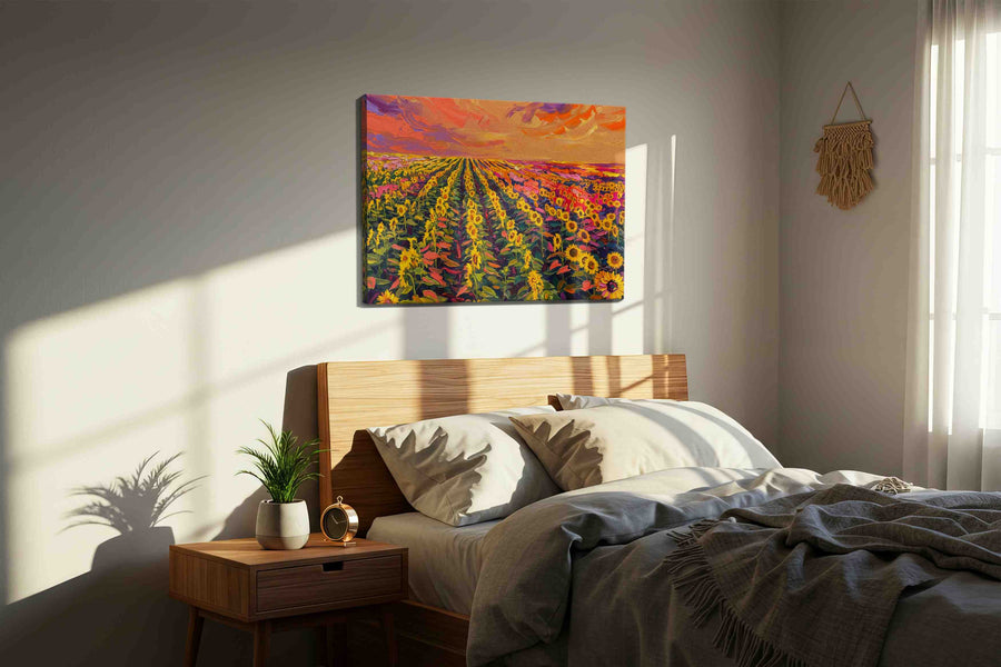 Sunset Symphony of Sunflowers sunflowers canvas print, displayed in a bedroom