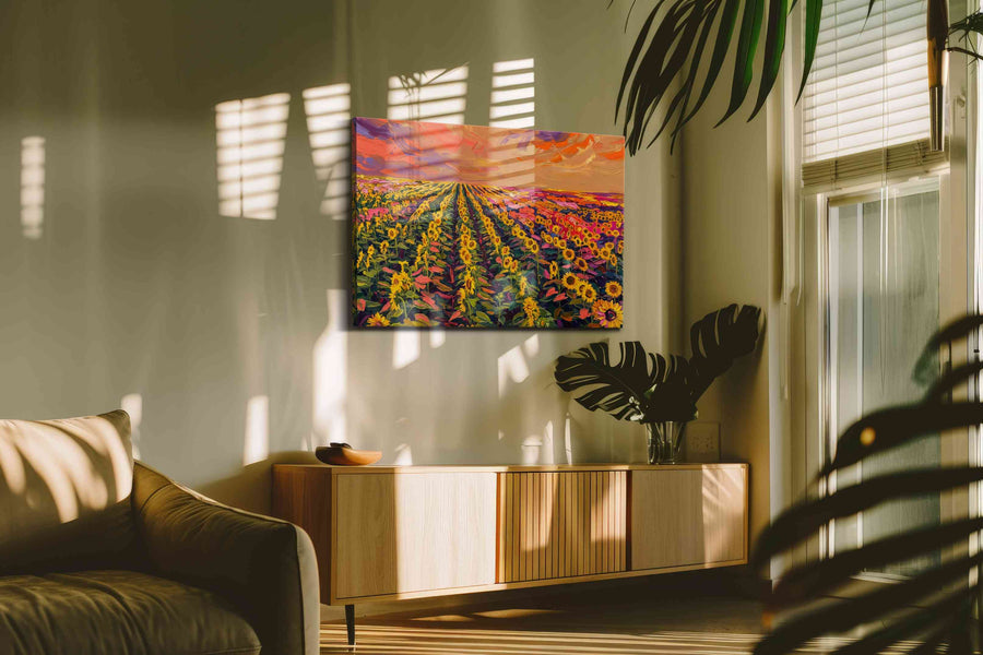 Sunset Symphony of Sunflowers sunflowers canvas print, hanging on wall