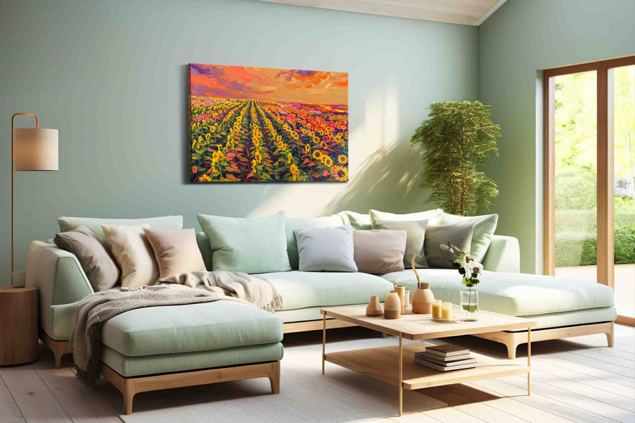 Sunset Symphony of Sunflowers sunflowers canvas print shown in a wall scene