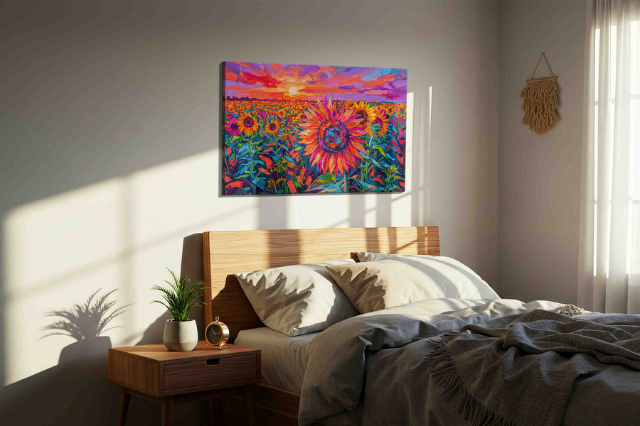 Sunset in a Sunflower Symphony sunflowers canvas print, displayed in a bedroom