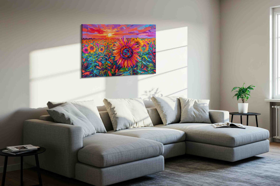 Sunset in a Sunflower Symphony (Sunflowers) - Sunflower Wall Art, Floral Canvas Print, Flower Decor styled in a living room
