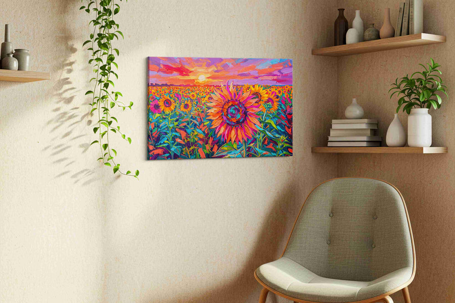 Sunset in a Sunflower Symphony sunflowers canvas print, hanging on wall — view 2