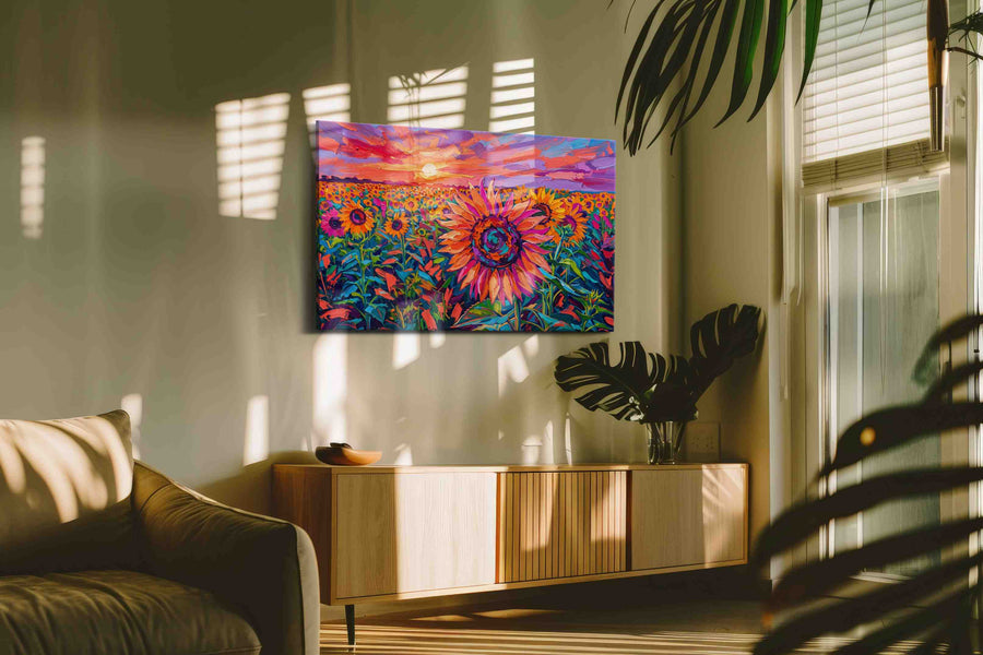 Sunset in a Sunflower Symphony sunflowers canvas print in a hung canvas mockup