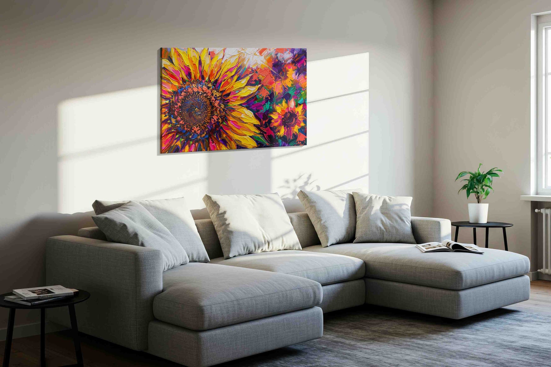 Vibrant Sunflower Symphony (Sunflowers) - Sunflower Wall Art, Floral Canvas Print, Flower Decor styled in a living room