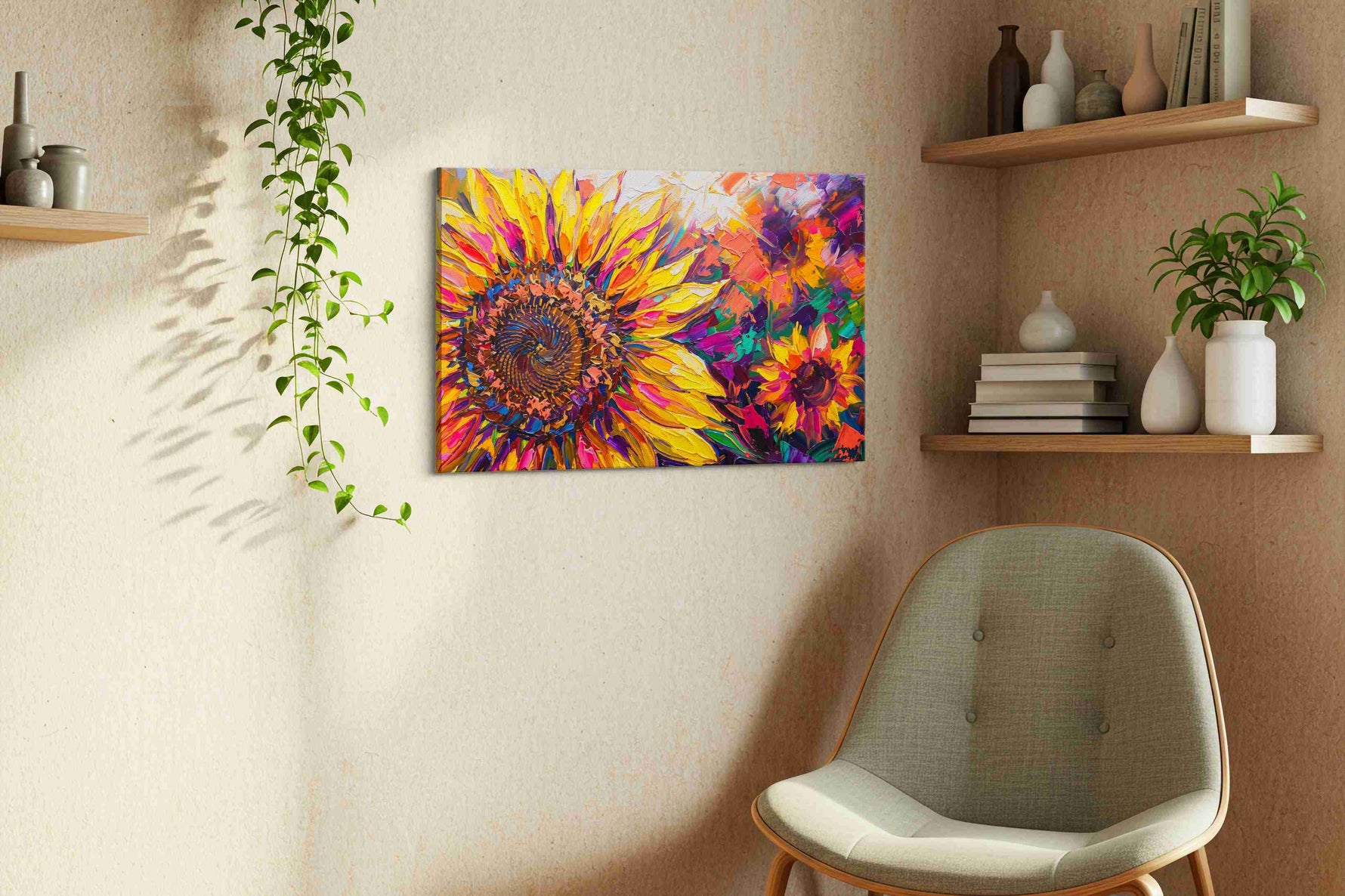 Vibrant Sunflower Symphony sunflowers canvas print, displayed in a living room