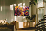Vibrant Sunflower Symphony sunflowers canvas print in a hung canvas mockup