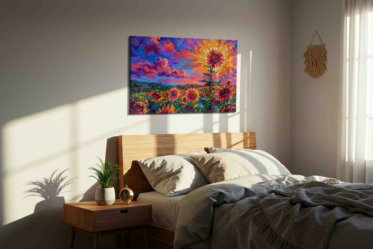 Vibrant Sunlit Blooms sunflowers canvas print, displayed in a bedroom