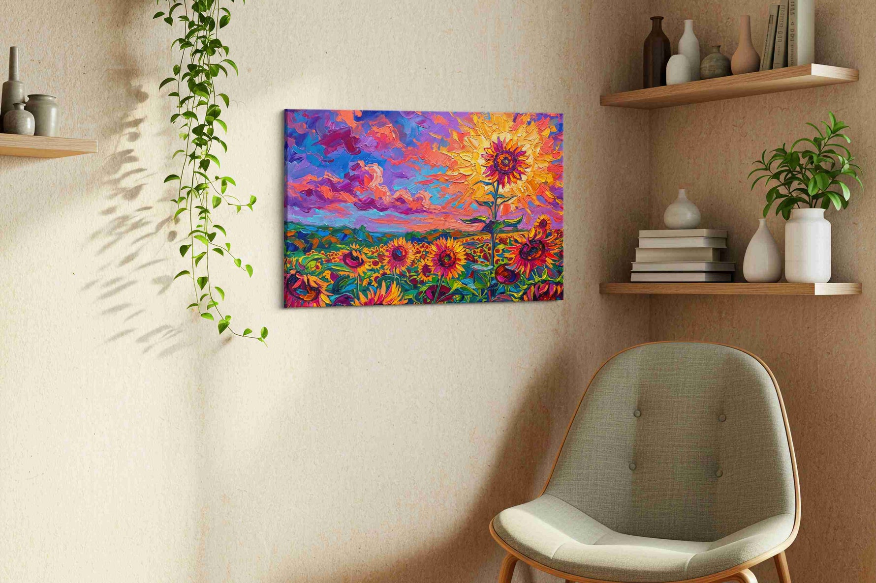 Vibrant Sunlit Blooms sunflowers canvas print, displayed in a living room