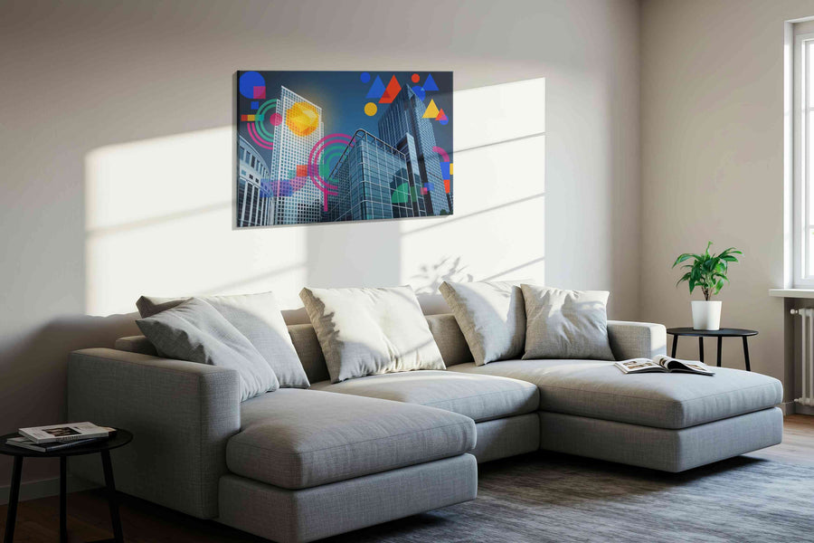 Geometric Skyscraper Symphony modern canvas print, displayed in a living room