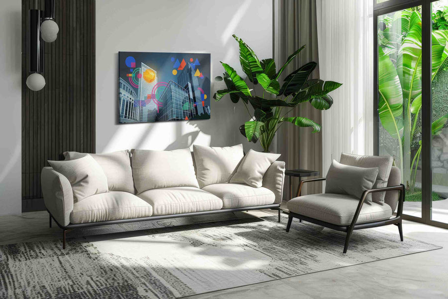 Geometric Skyscraper Symphony modern canvas print in a hung canvas mockup