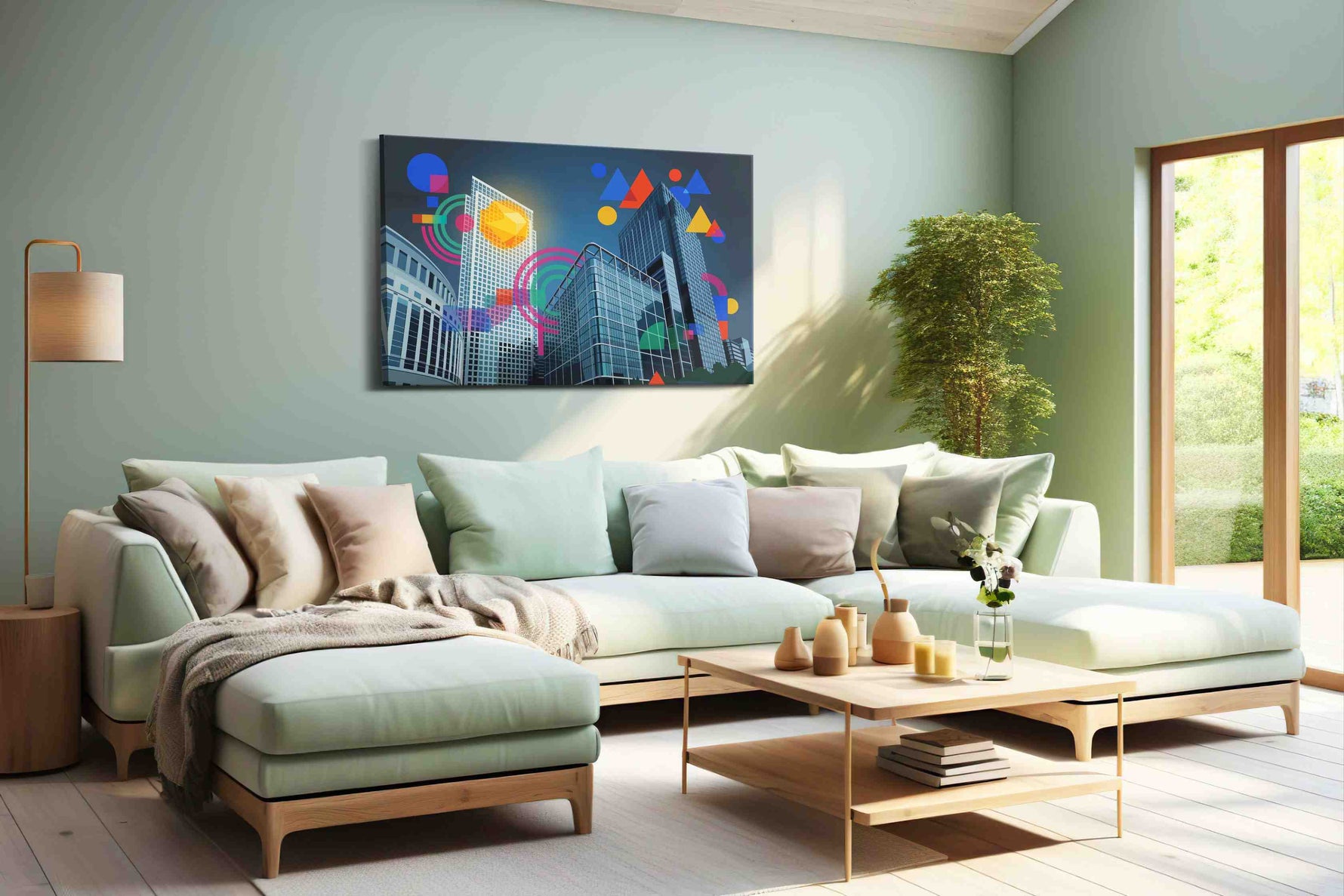 Geometric Skyscraper Symphony (Urban) - Modern, Modern Wall Art, Contemporary Canvas Print, Minimalist Decor shown in a wall scene