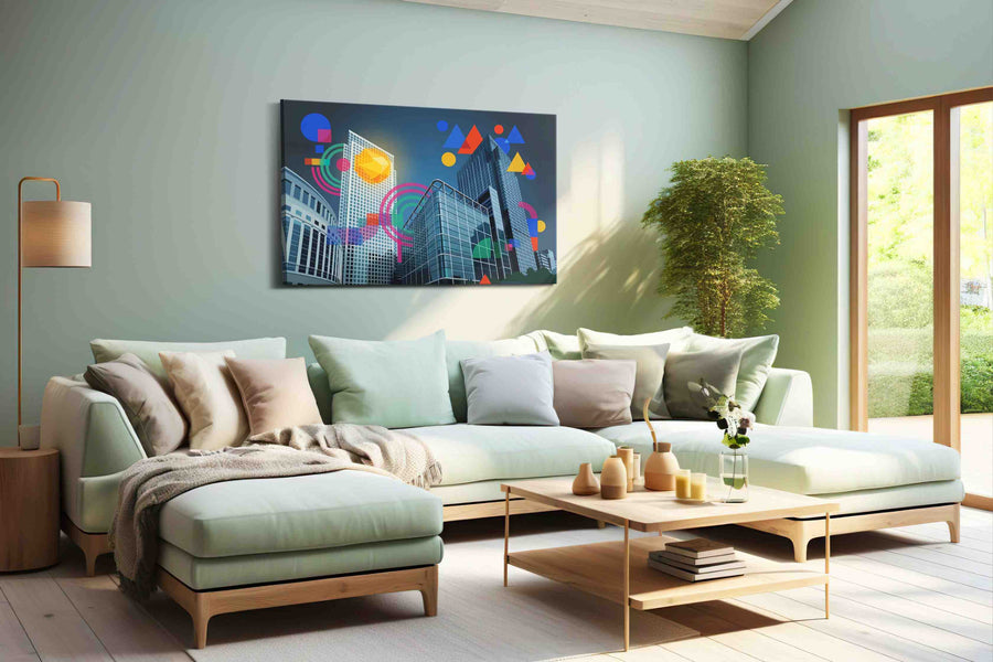 Geometric Skyscraper Symphony (Urban) - Modern, Modern Wall Art, Contemporary Canvas Print, Minimalist Decor shown in a wall scene
