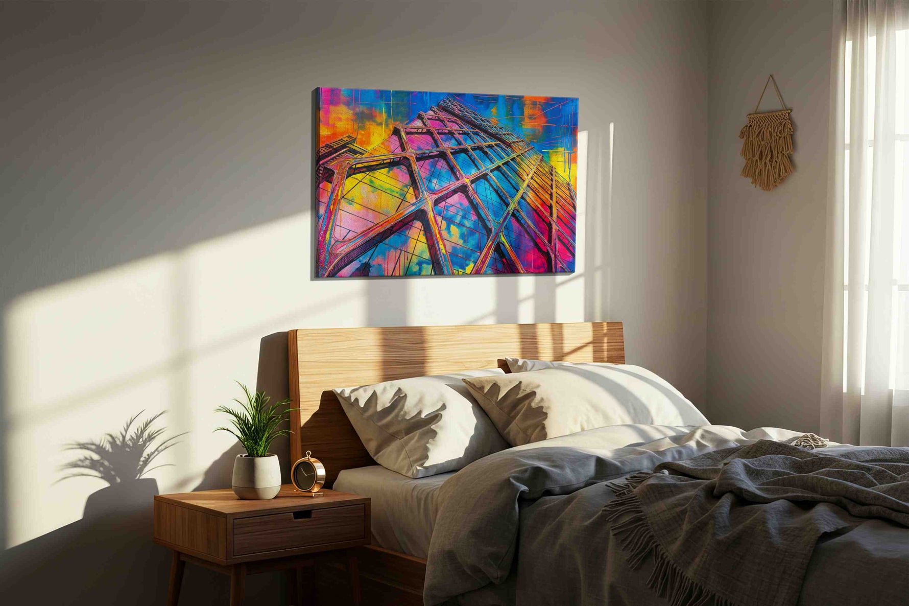 Urban Kaleidoscope Skyscraper (Urban) - Modern, Modern Wall Art, Contemporary Canvas Print, Minimalist Decor in a bedroom scene