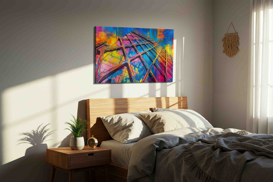 Urban Kaleidoscope Skyscraper (Urban) - Modern, Modern Wall Art, Contemporary Canvas Print, Minimalist Decor in a bedroom scene