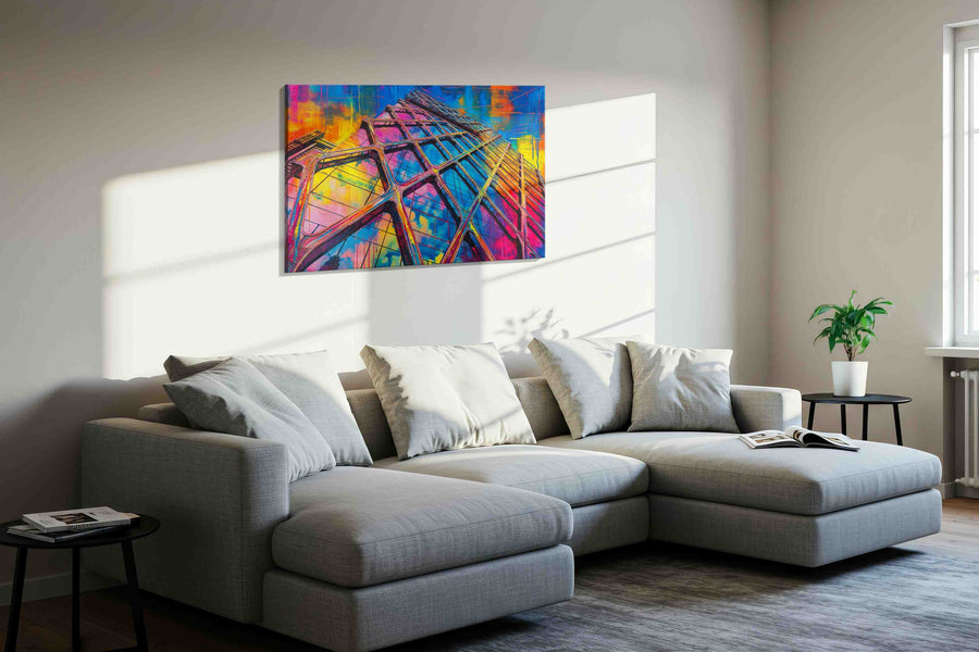 Urban Kaleidoscope Skyscraper modern canvas print, displayed in a living room