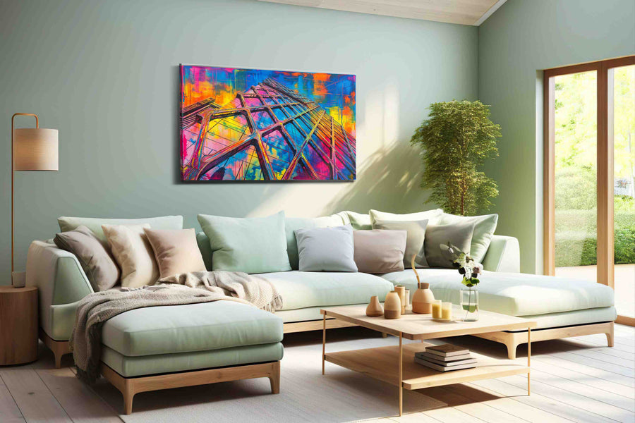 Urban Kaleidoscope Skyscraper modern canvas print shown in a wall scene