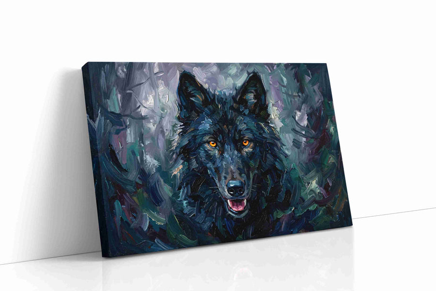 Enigmatic Midnight Guardian wolf canvas print gallery-wrapped landscape canvas studio shot
