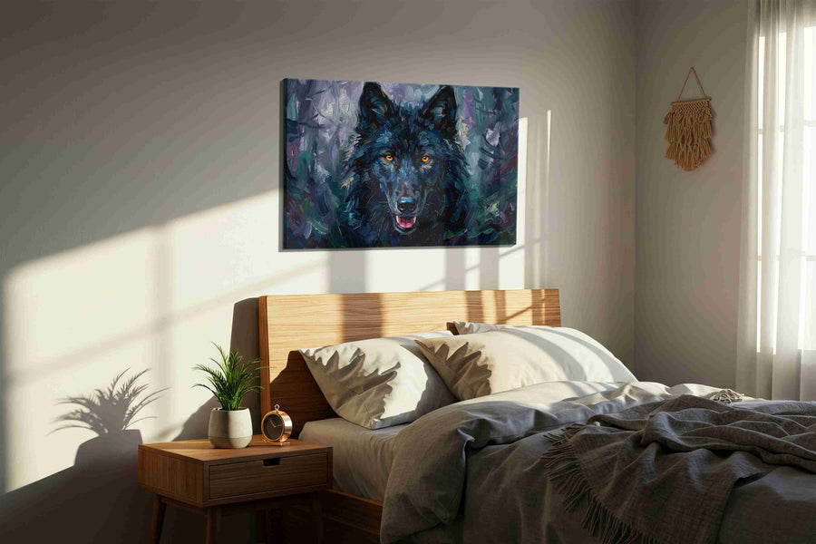 Enigmatic Midnight Guardian wolf canvas print, displayed in a bedroom