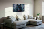 Enigmatic Midnight Guardian wolf canvas print, displayed in a living room