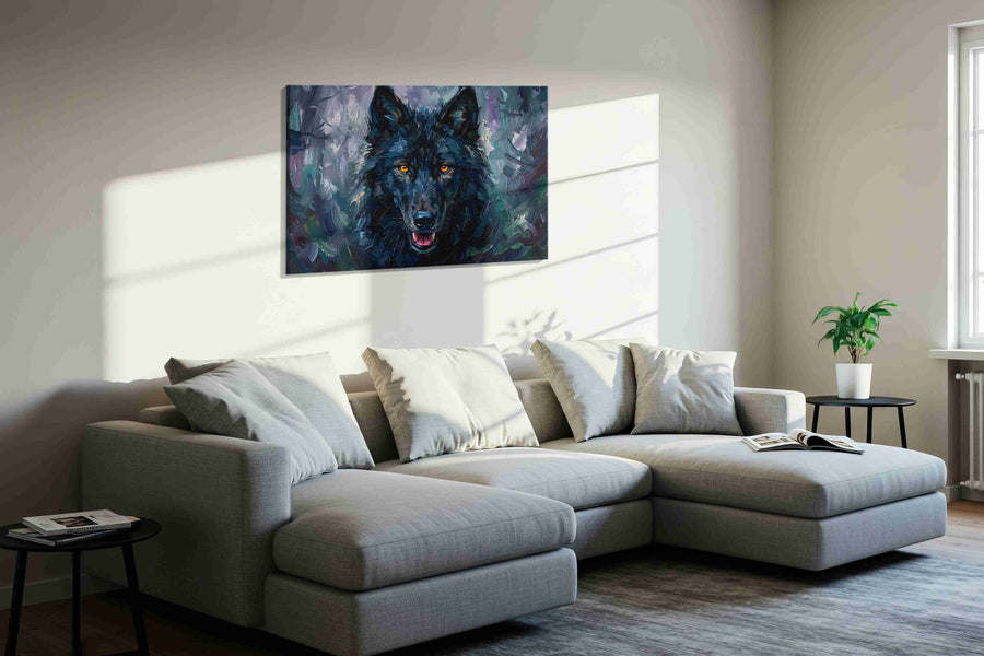 Enigmatic Midnight Guardian wolf canvas print, displayed in a living room