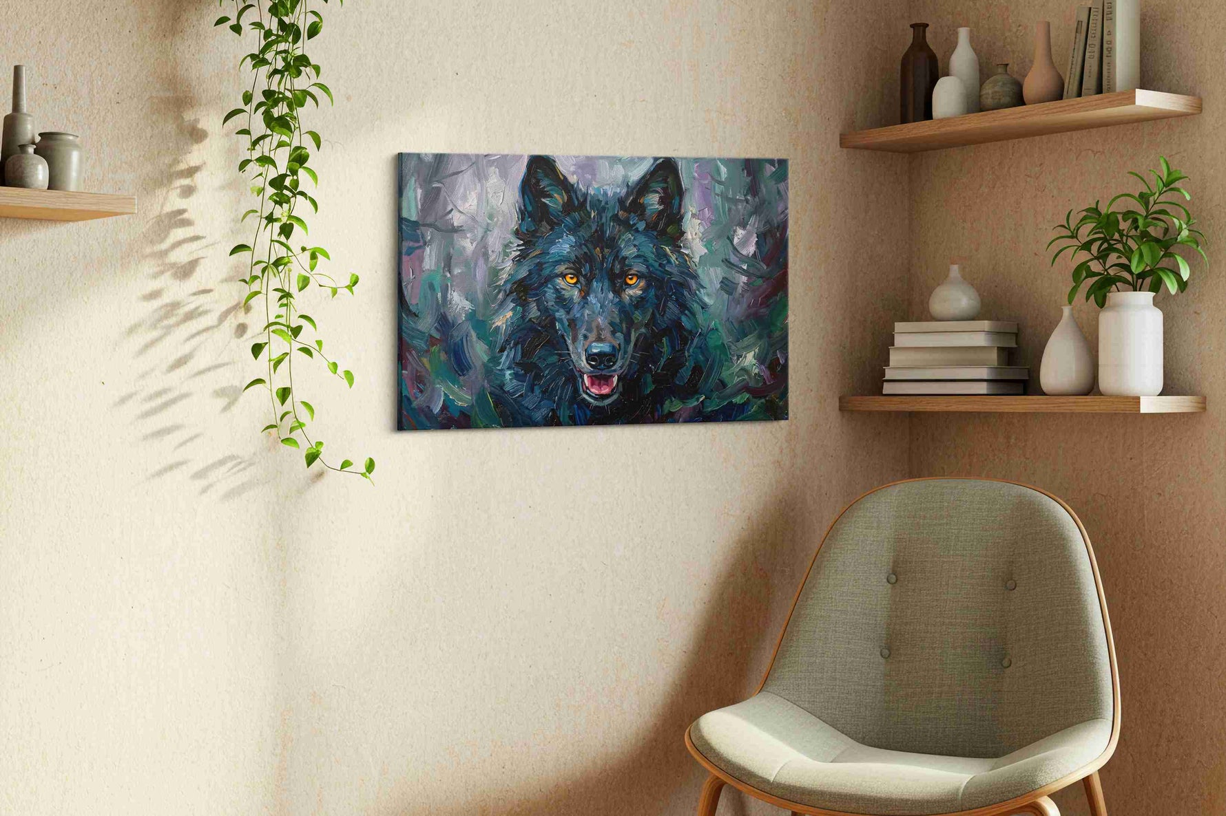 Enigmatic Midnight Guardian wolf canvas print, hanging on wall — view 3