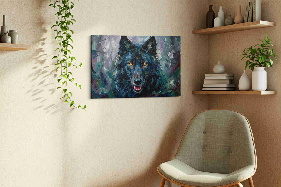 Enigmatic Midnight Guardian wolf canvas print, hanging on wall — view 3