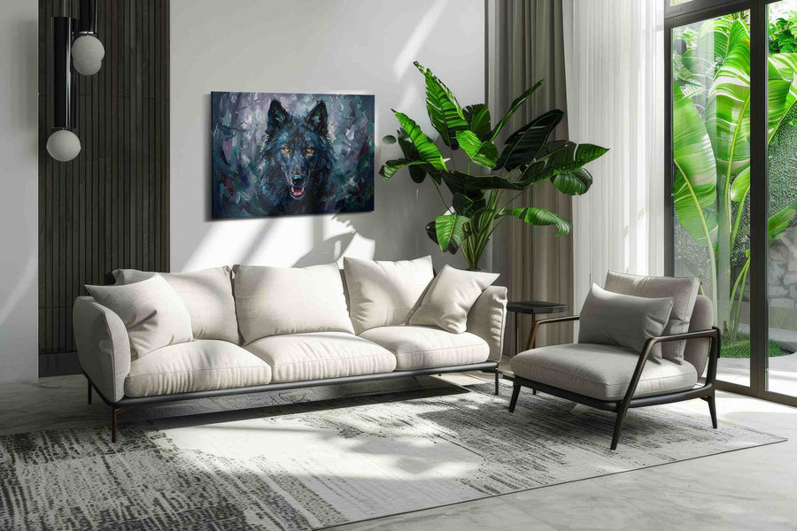 Enigmatic Midnight Guardian wolf canvas print in a hung canvas mockup